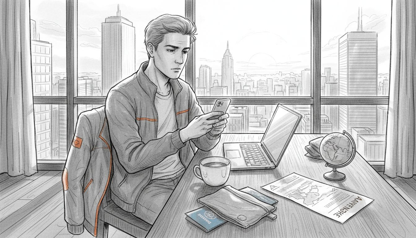 Traveler planning trip with phone and laptop