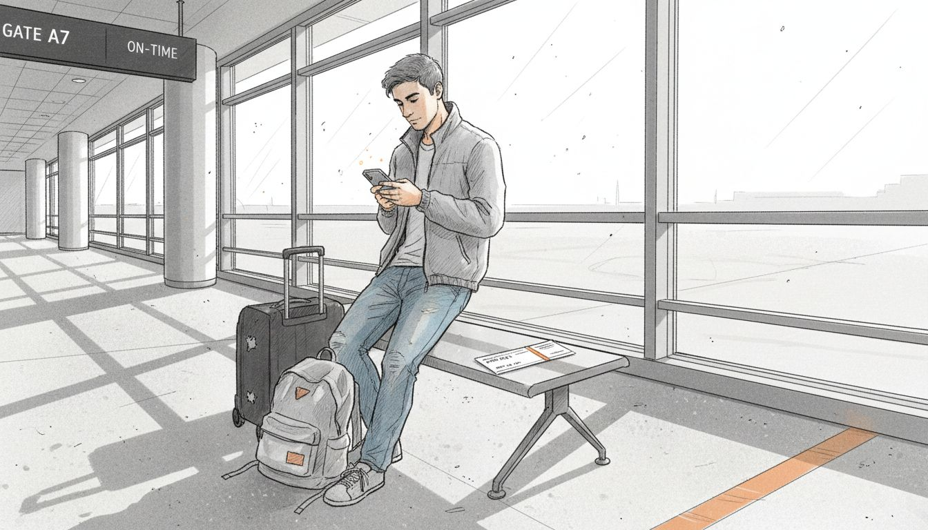 Traveler checking phone at airport gate