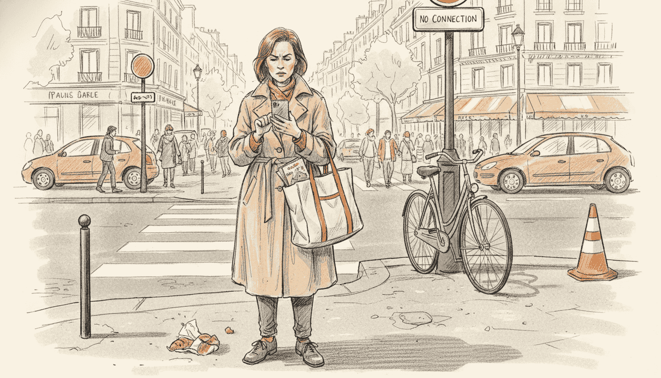 Woman adjusting phone signal abroad