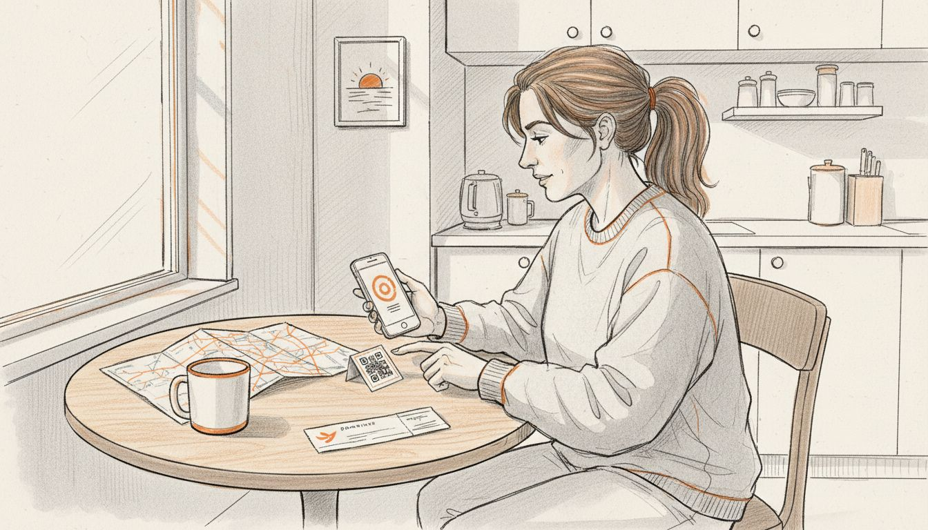 Woman scans QR code at kitchen table