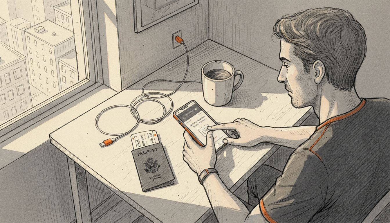 Person activating eSIM on phone at kitchen table