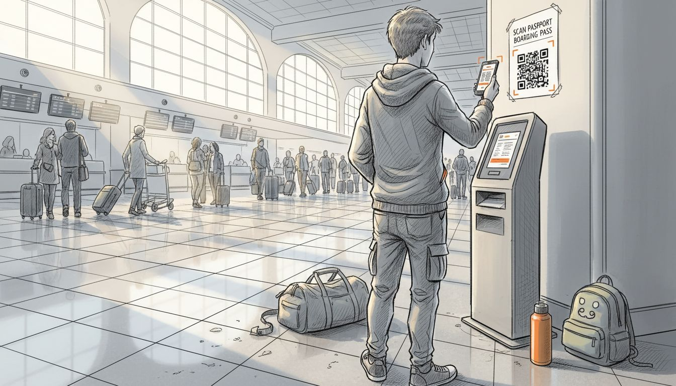 Traveler scanning QR code at airport terminal