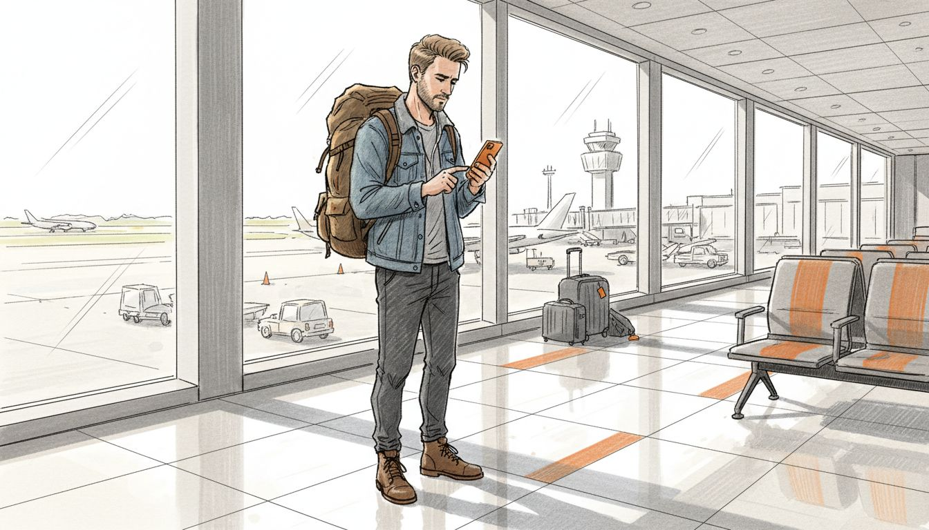 Traveler checks phone at airport window