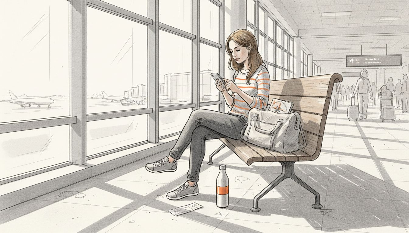 Traveler on phone at airport with luggage