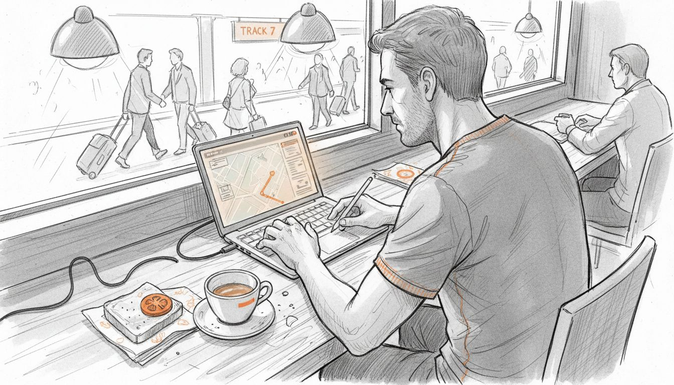 Remote worker in café with laptop and phone