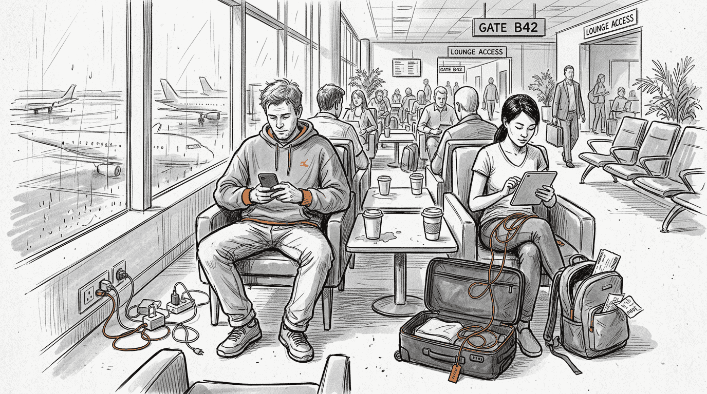 Travelers using devices in airport lounge
