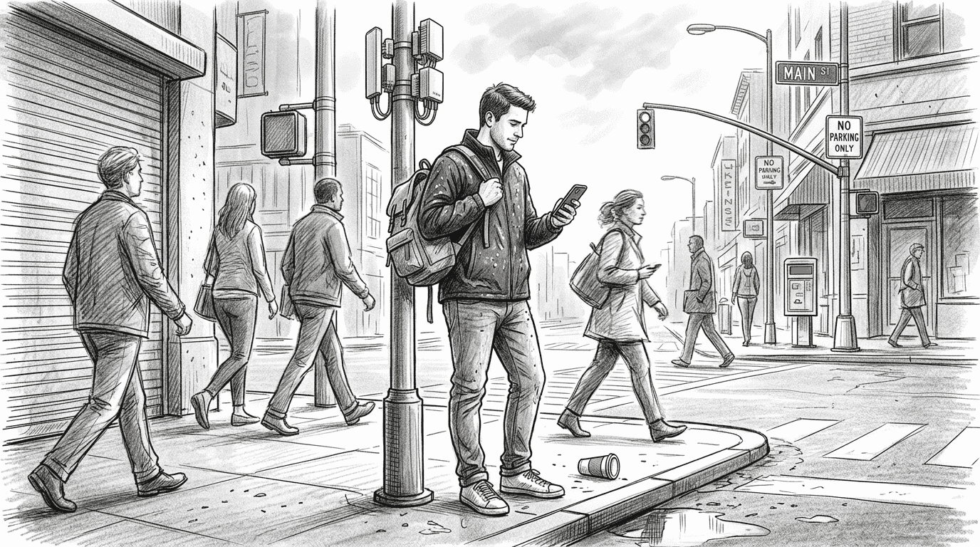 Man using smartphone by 5G small cell in city