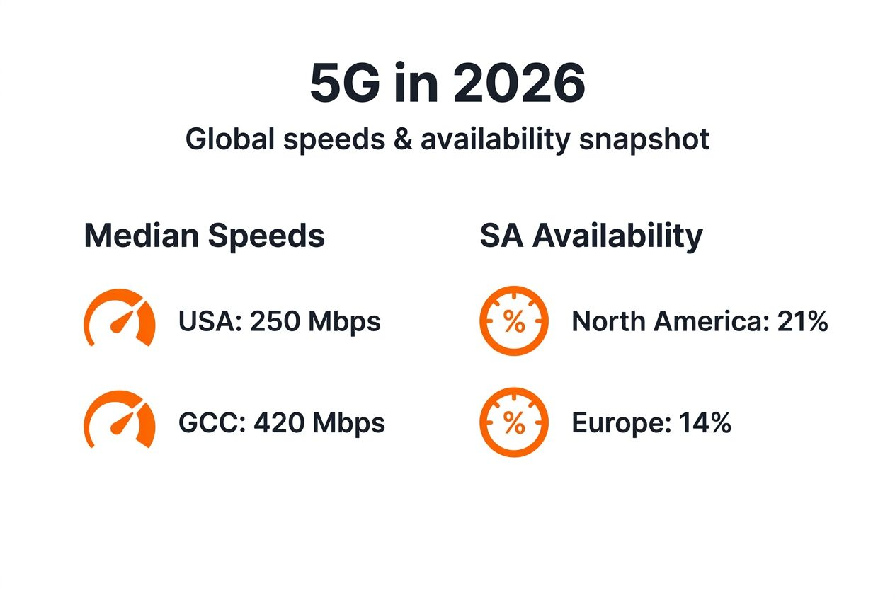 Infographic summarizing 5G speeds and availability worldwide