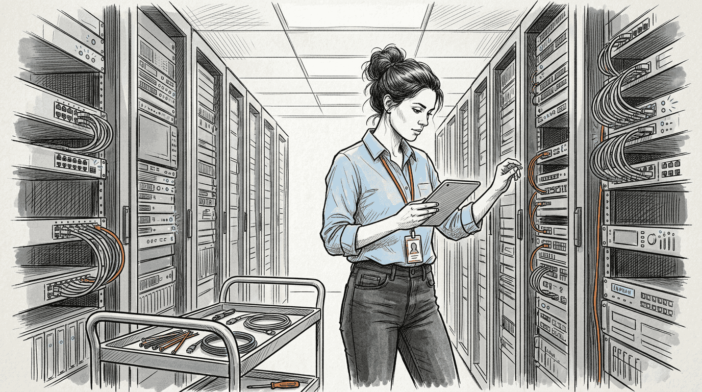 Network engineer inspecting data center server racks