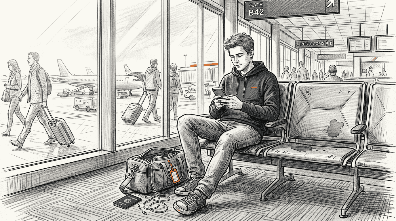 Traveler using phone in airport terminal