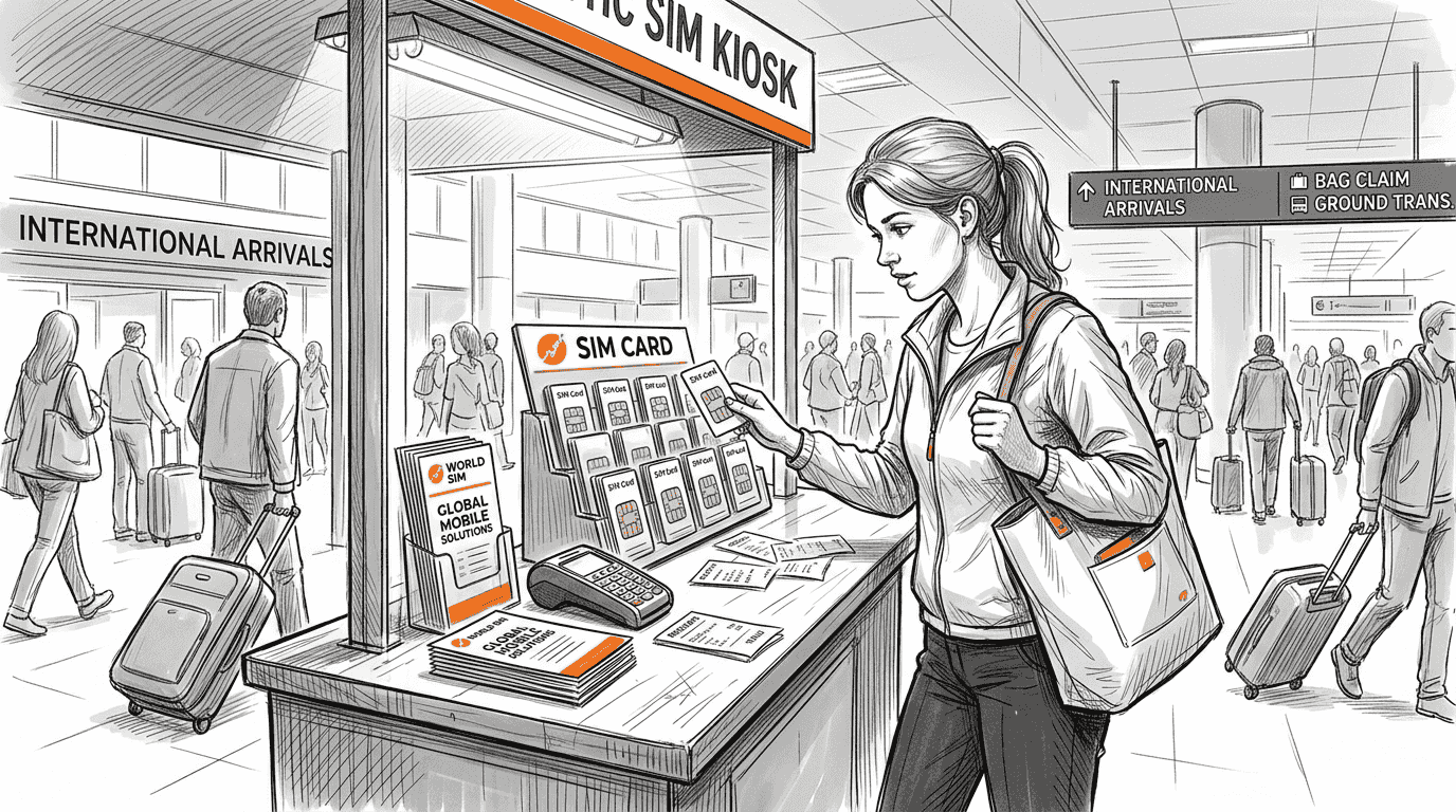 Traveler purchasing SIM card at airport kiosk