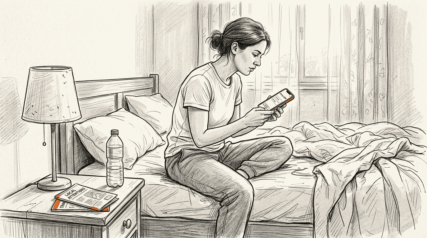 Woman setting up eSIM in hotel room