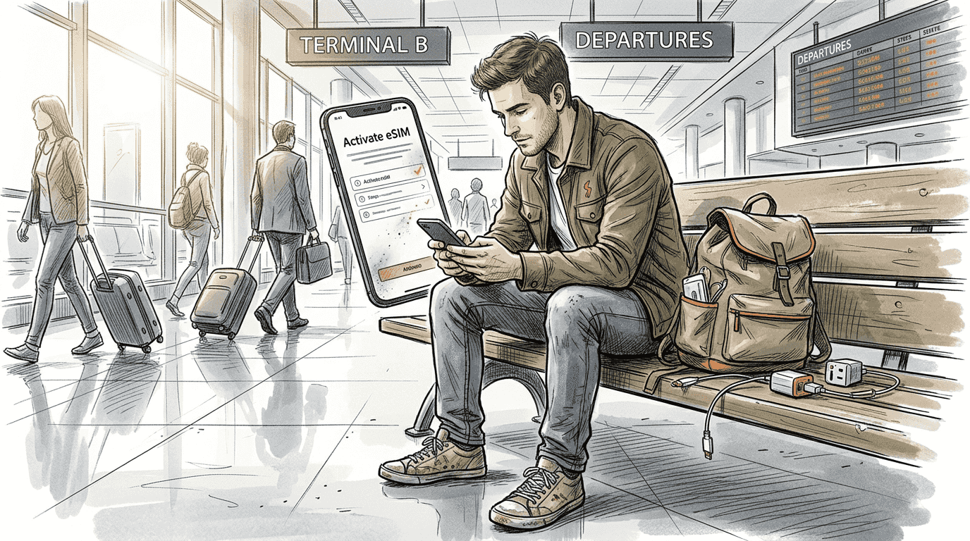 Traveler activating eSIM in airport terminal