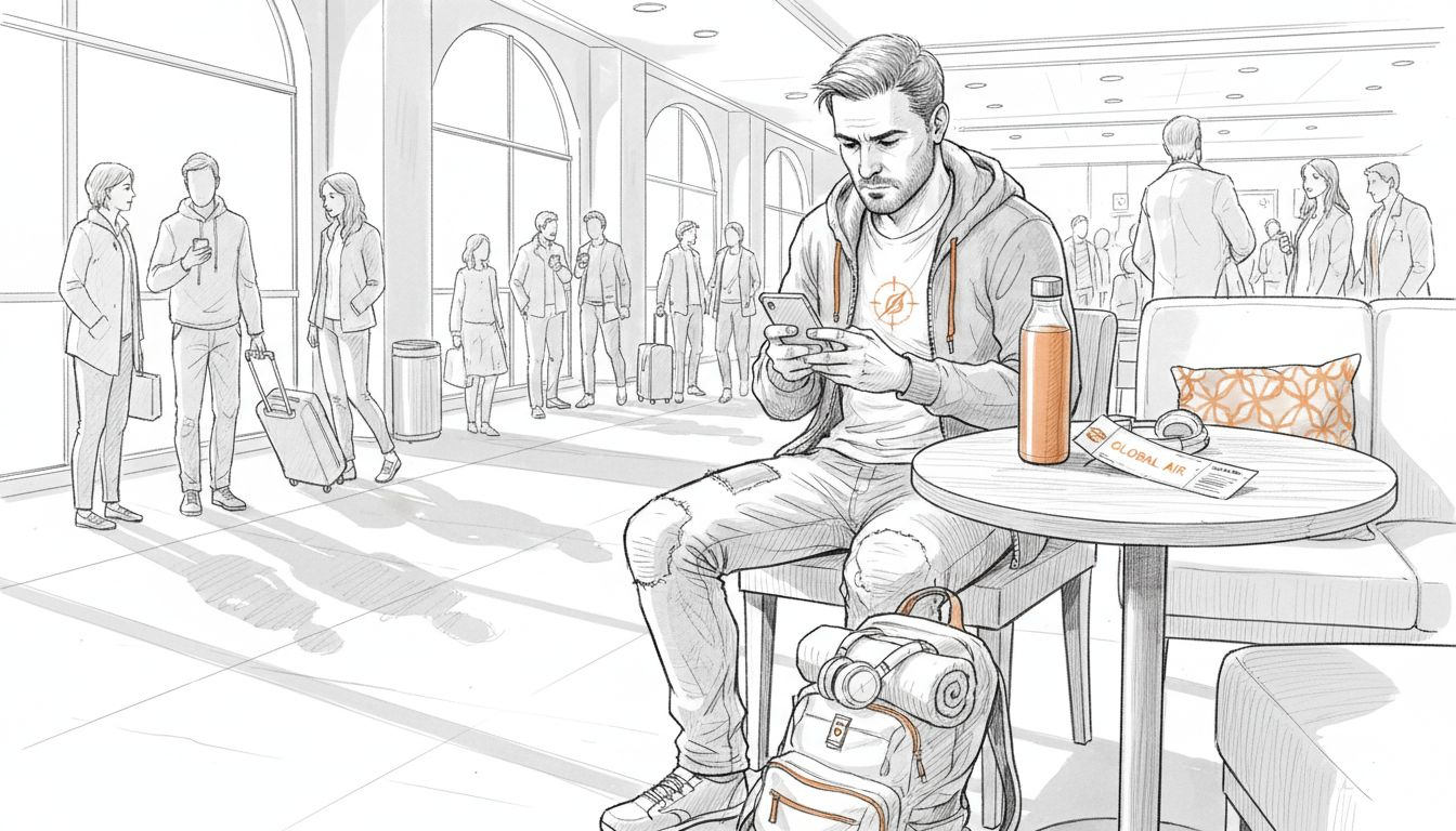 Traveler checking mobile data plan at airport