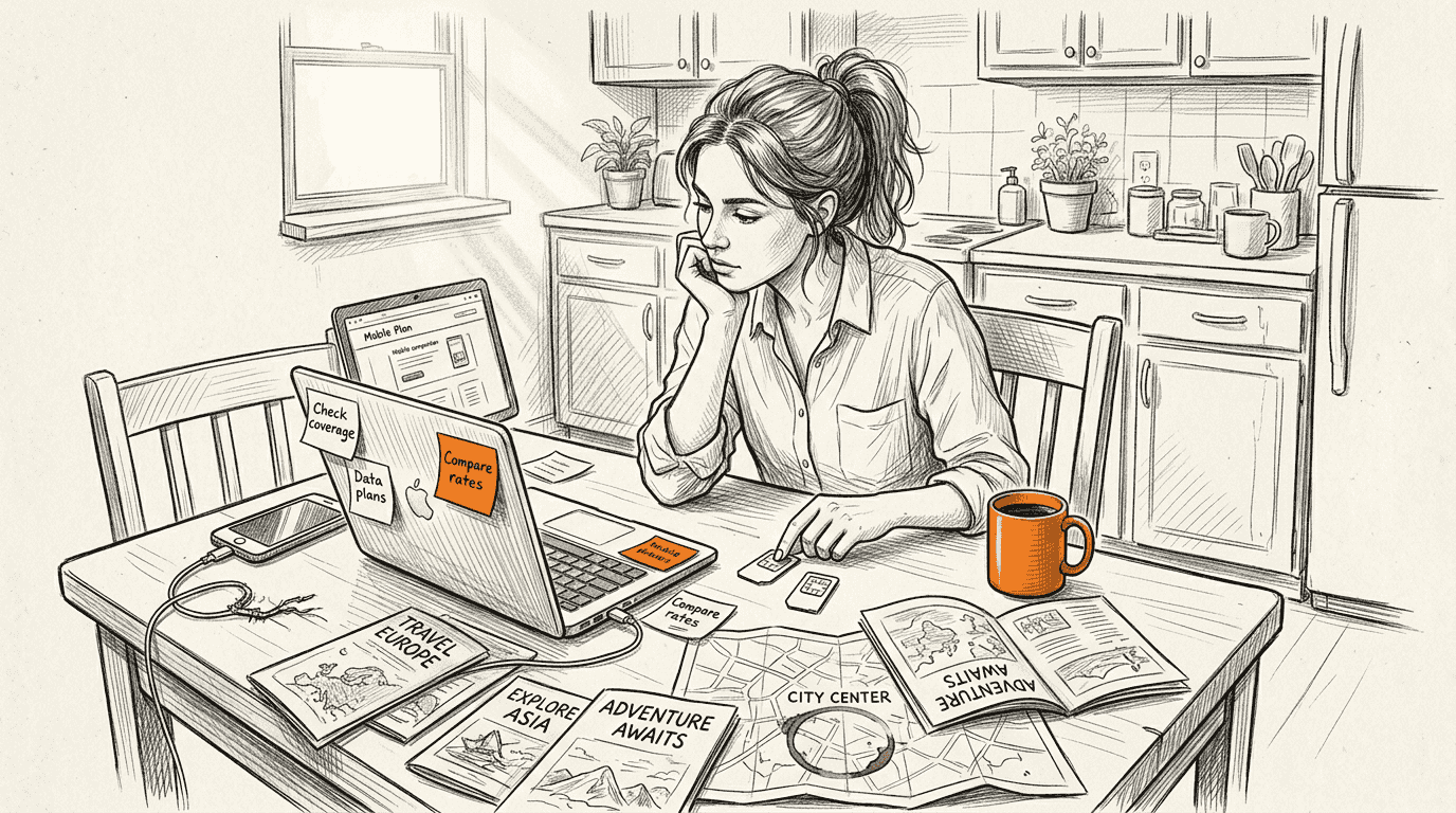 Traveler comparing mobile SIM cards at kitchen table