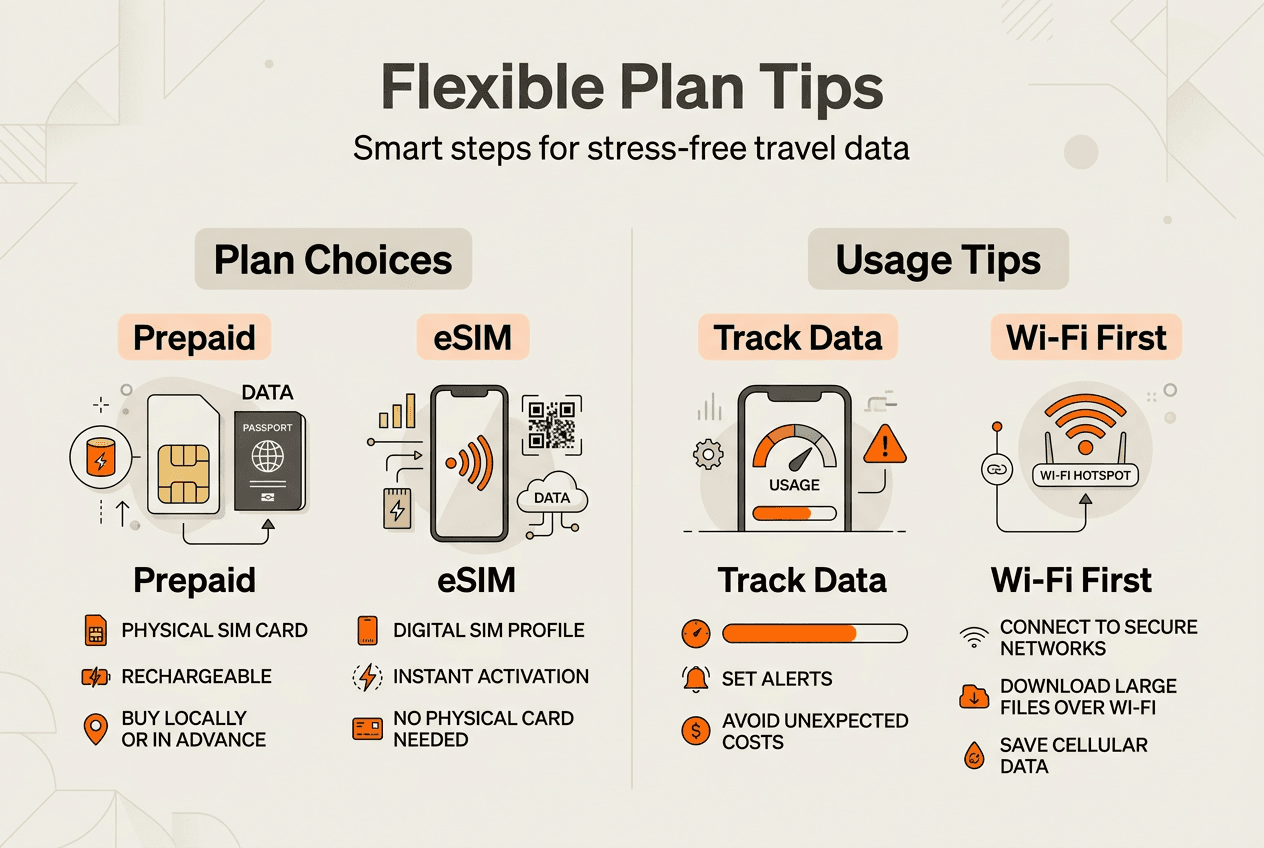 Infographic with flexible data plan travel tips