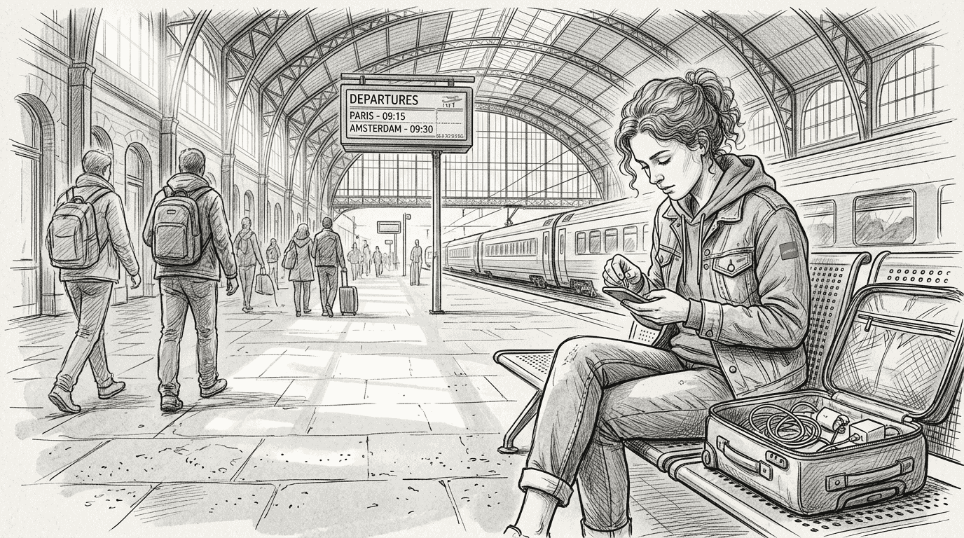 Traveler setting up tech at train station