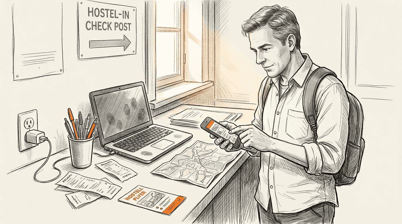 Man comparing mobile plans while traveling