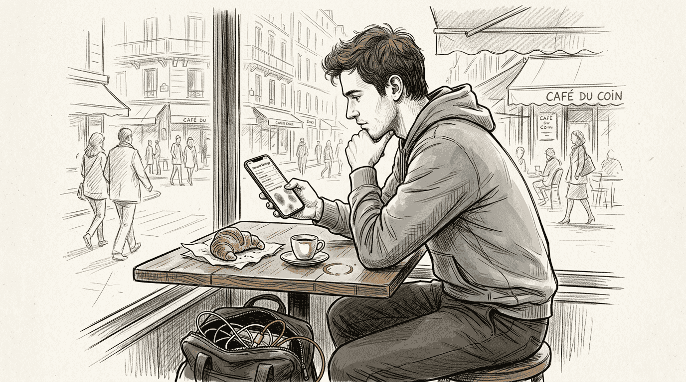 Man reviewing eSIM settings in Paris café