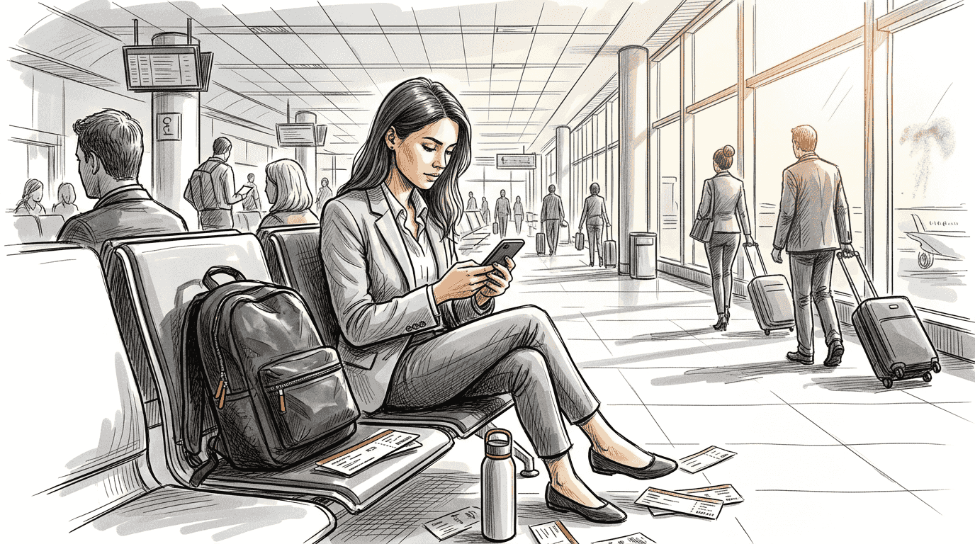 Traveler activating eSIM in airport lounge