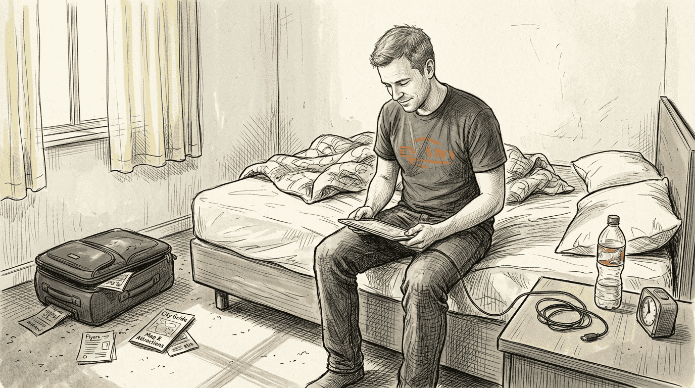 Traveler setting up global data in hotel room