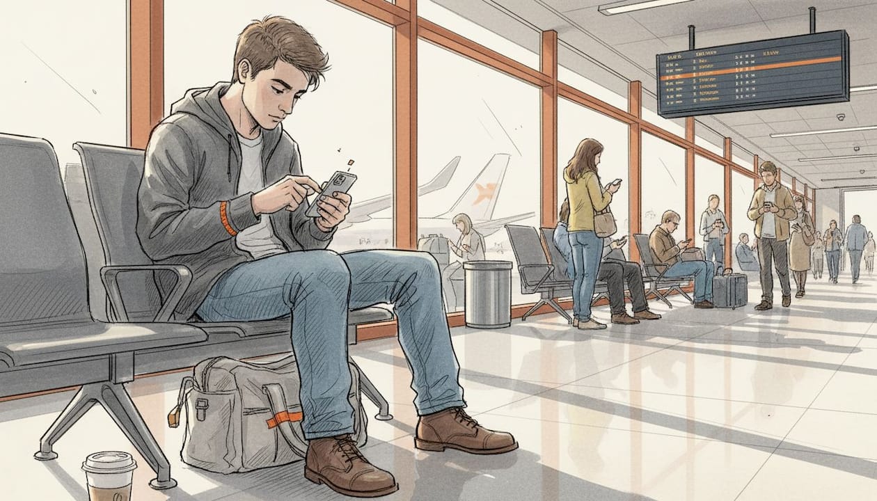 Young traveler handling sim card at airport