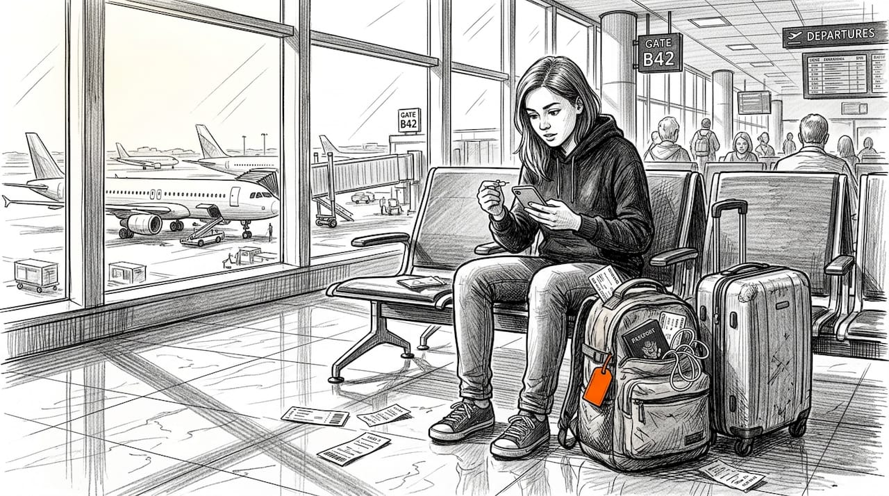 Traveler switching SIM card at busy airport