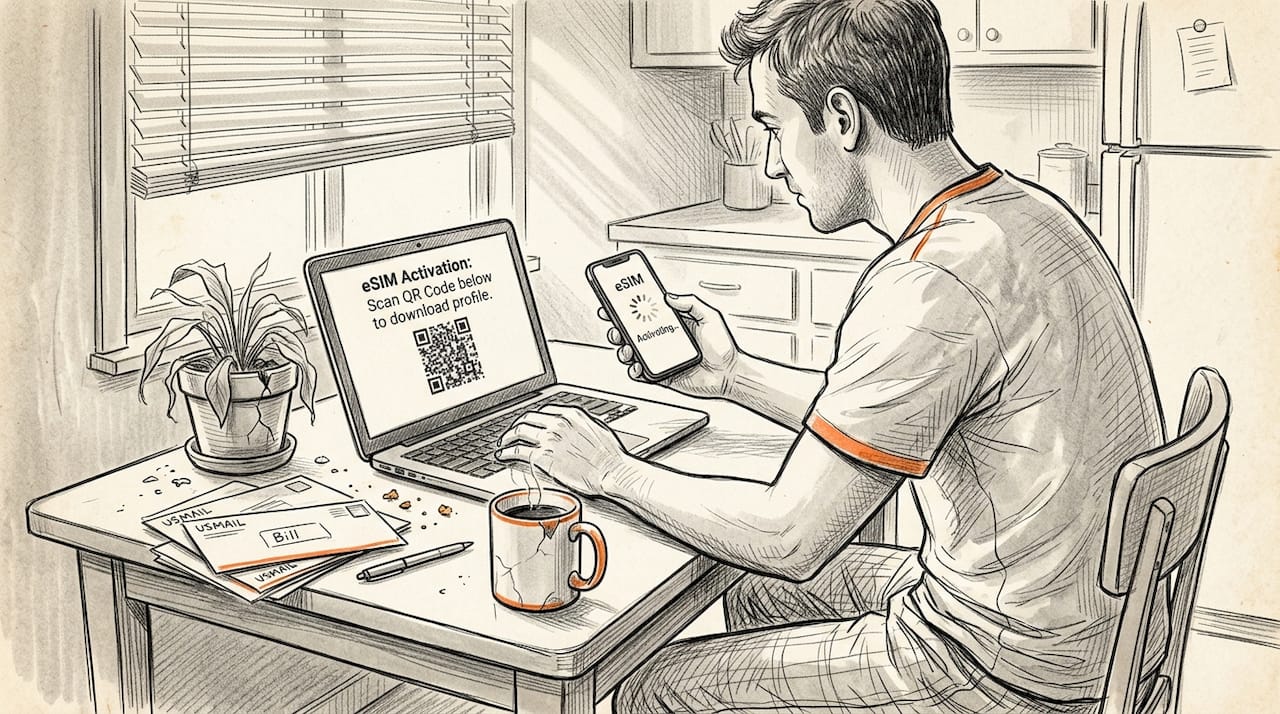 User activating eSIM with laptop at home