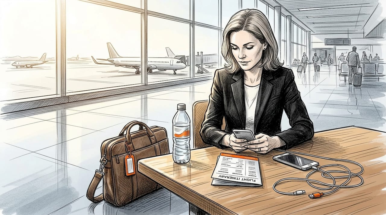 Business traveler using phone at airport