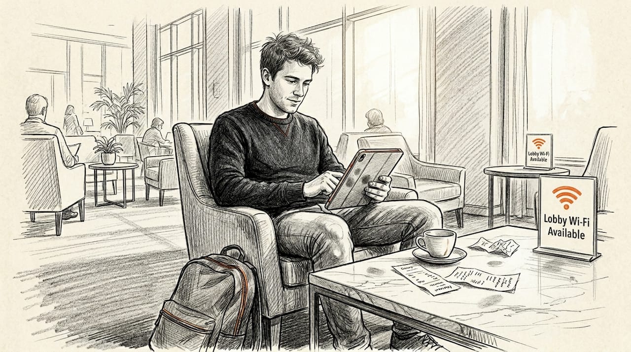 Traveler securely using tablet in hotel lobby