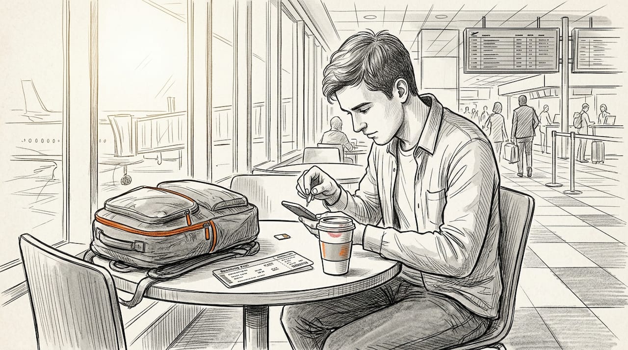 Traveler replaces SIM card at airport café table