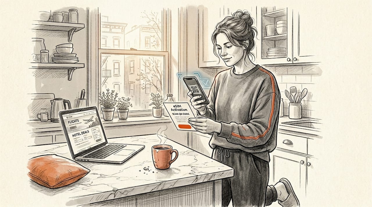 Woman scans eSIM QR code in kitchen