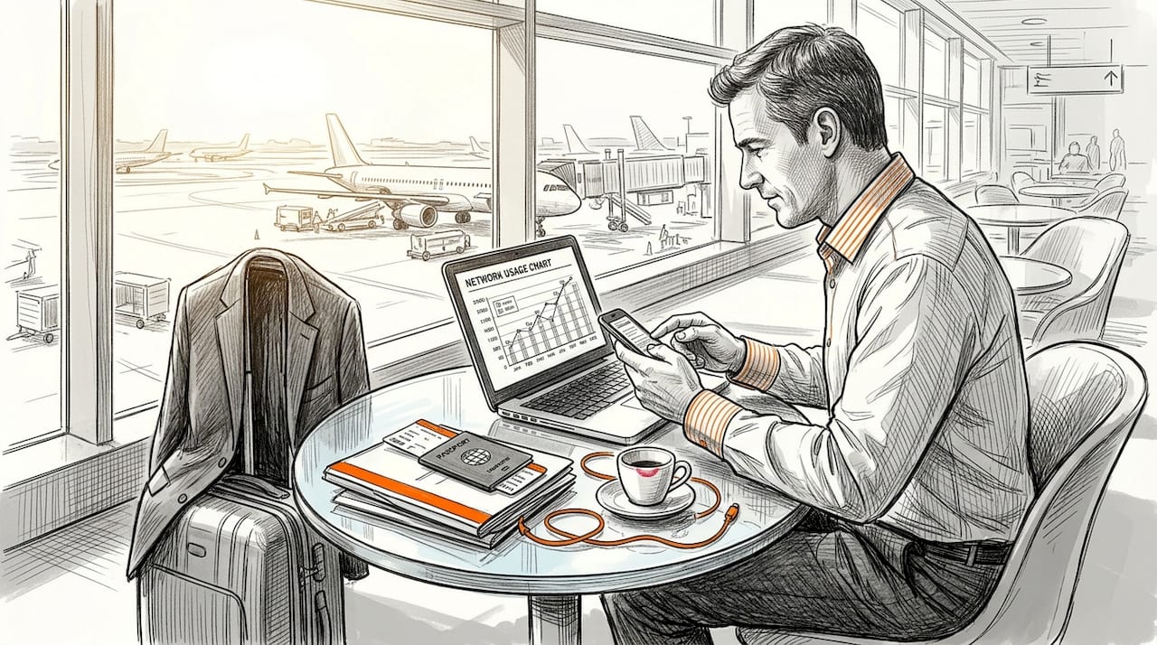 Business traveler managing devices at airport