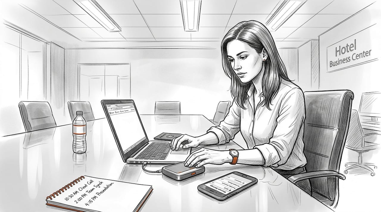 Coworker sets up portable WiFi device