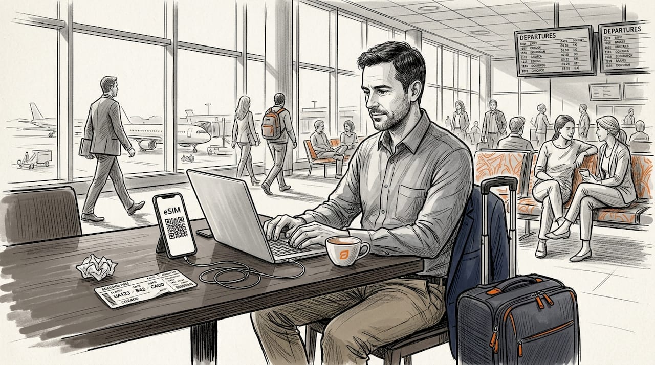 Business traveler using tech in airport lounge