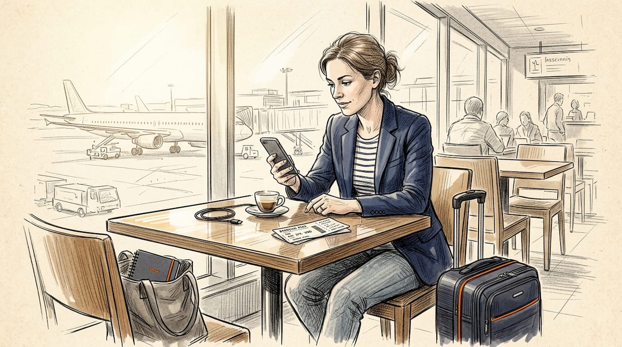 Traveler checking mobile data in airport café
