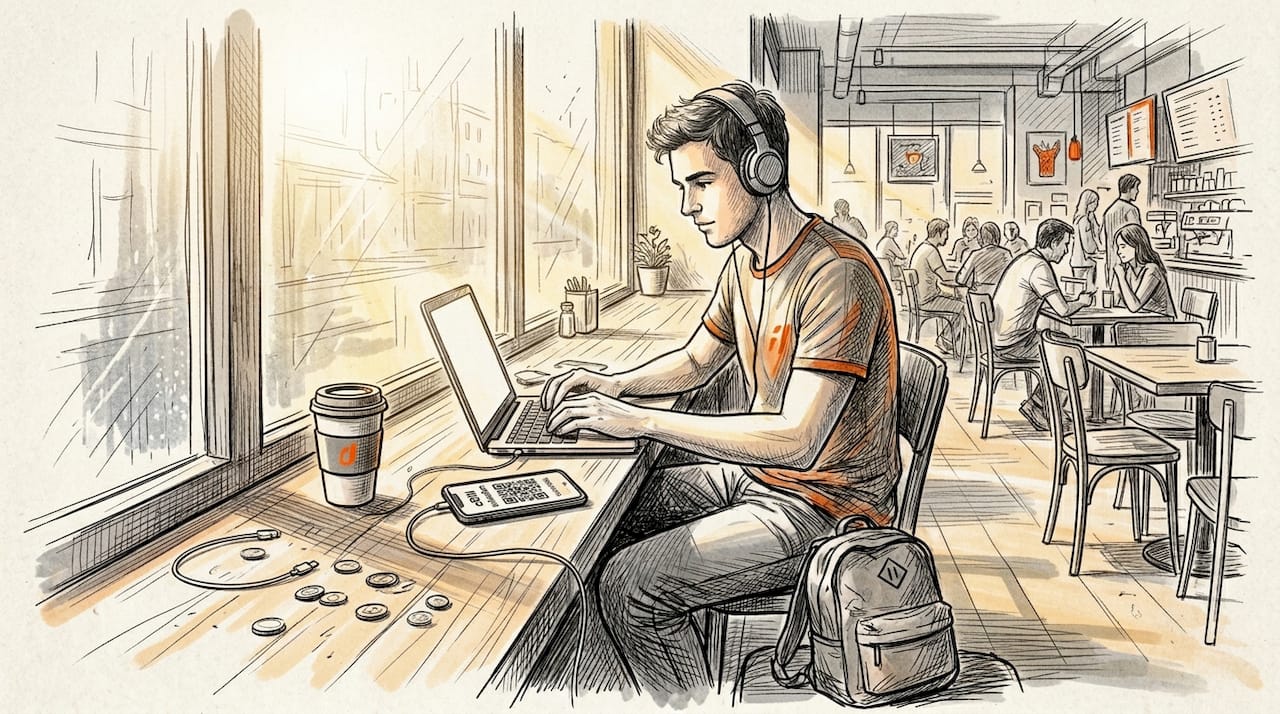 Digital nomad activates eSIM at café table