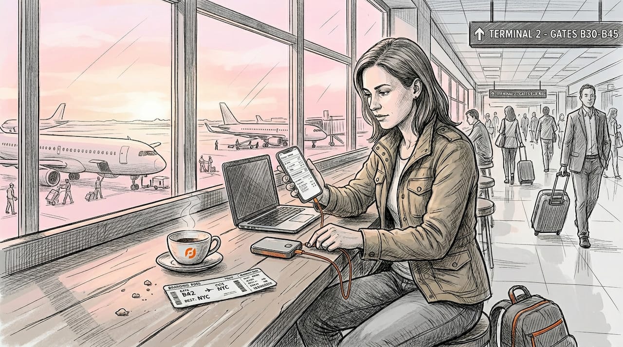 Traveler managing devices at airport table