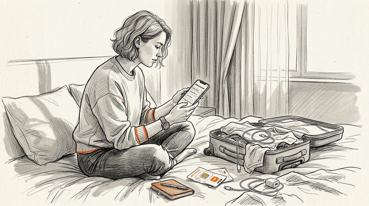 Woman activating eSIM in hotel room