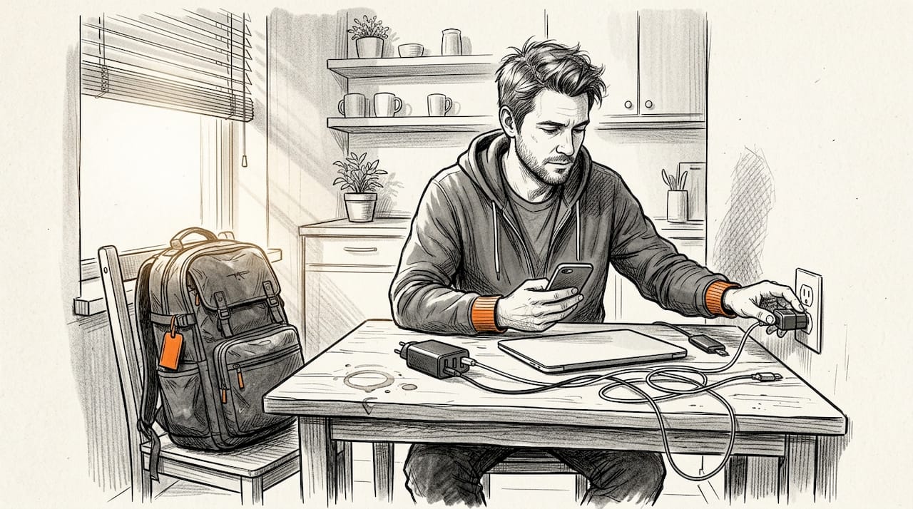 Traveler prepares international tech charging setup