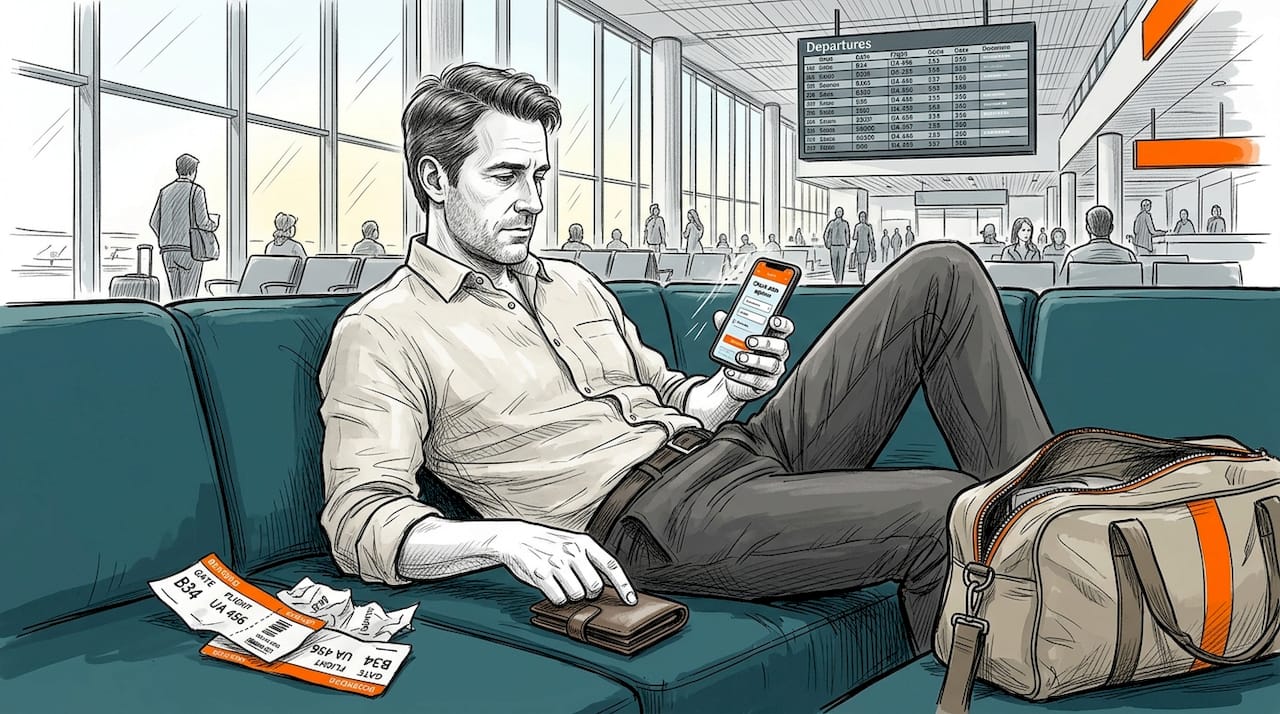 Man checking eSIM options in airport lounge