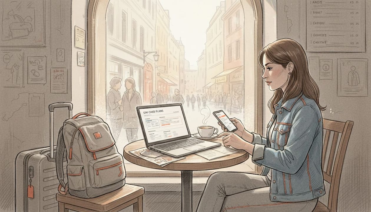 Traveler comparing SIM options in a café
