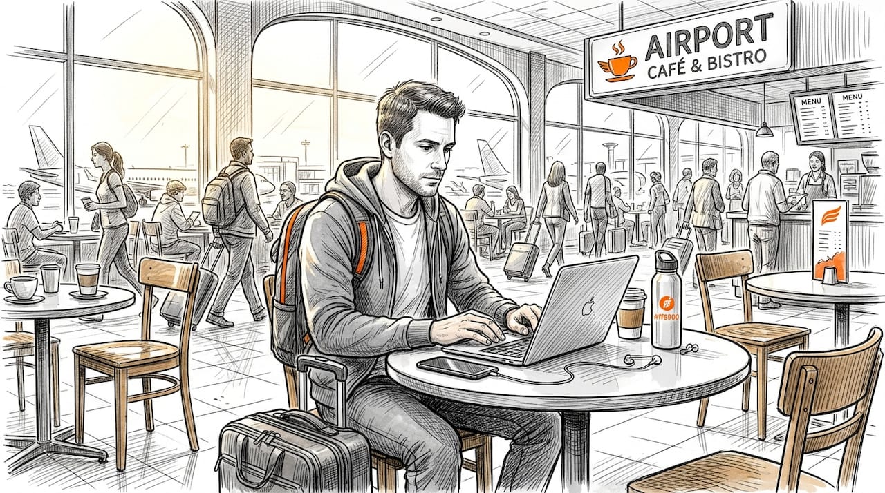 Traveler using smartphone hotspot in airport café