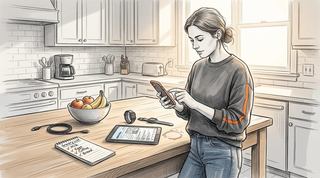 User switching eSIM profiles at kitchen island