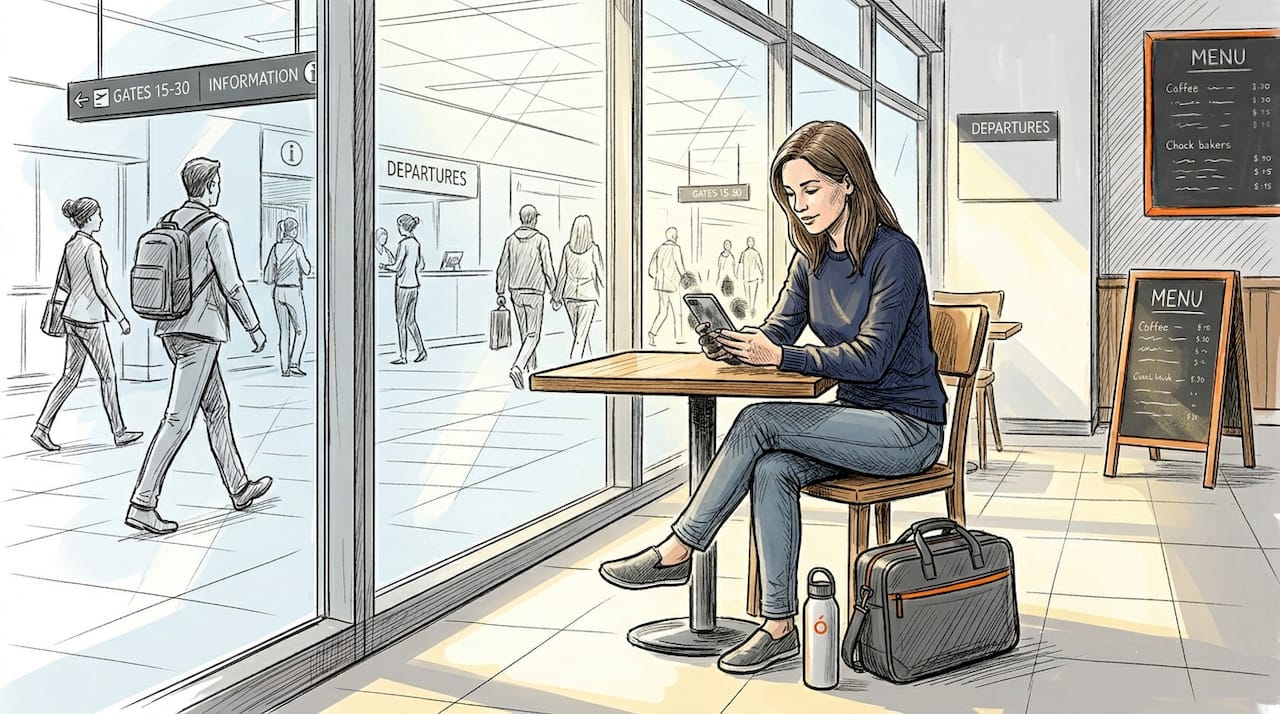 Traveler checking phone in airport café