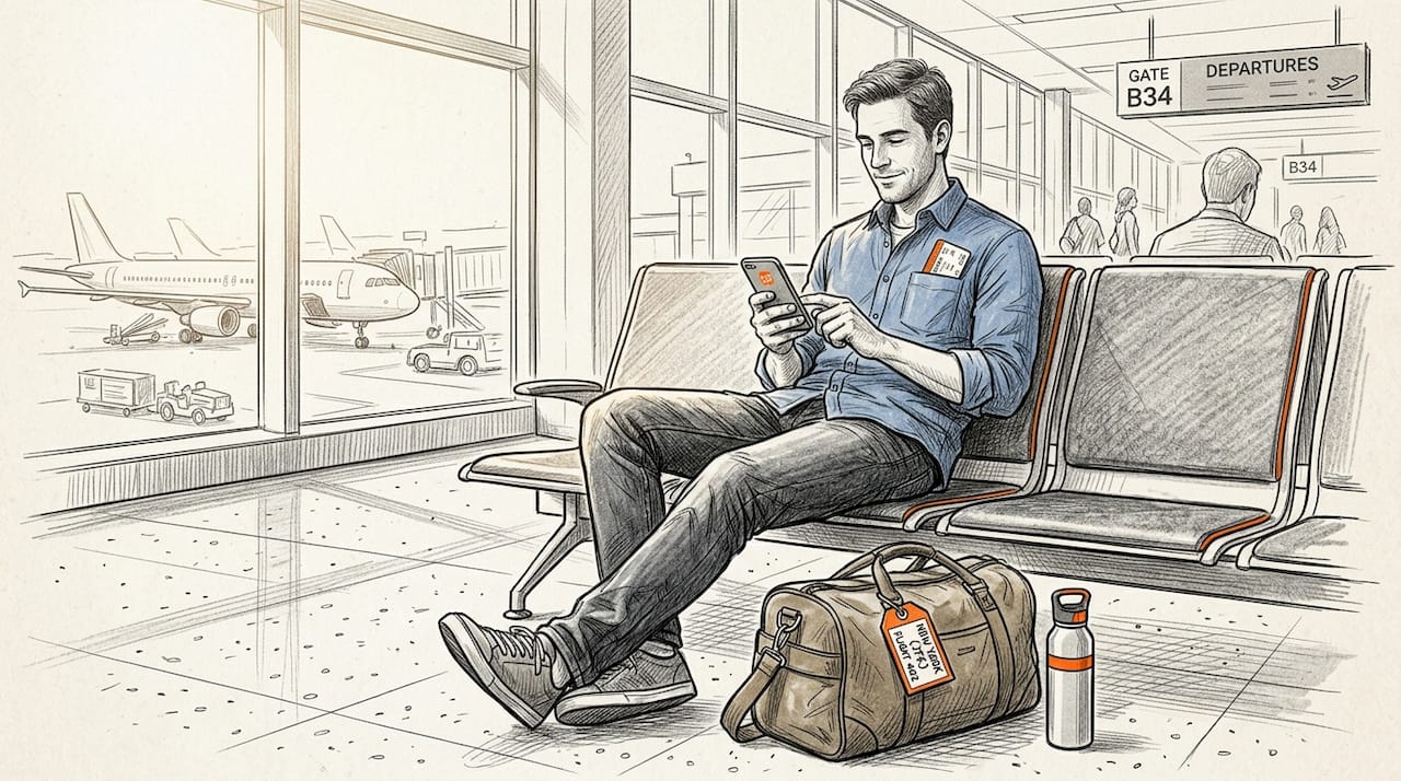 Traveler checks eSIM options in airport