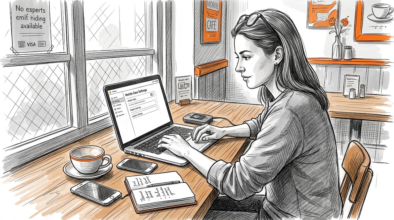 Digital nomad sets up mobile hotspot in cafe