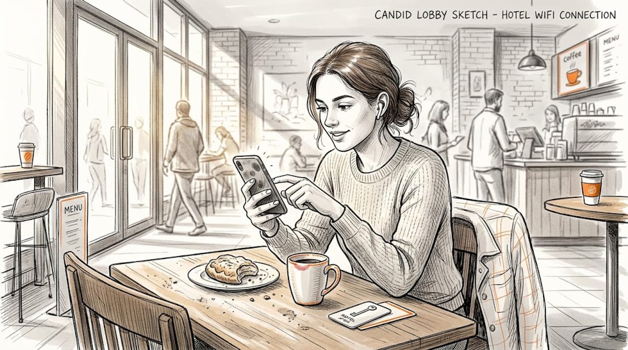 Woman using phone in hotel coffee shop