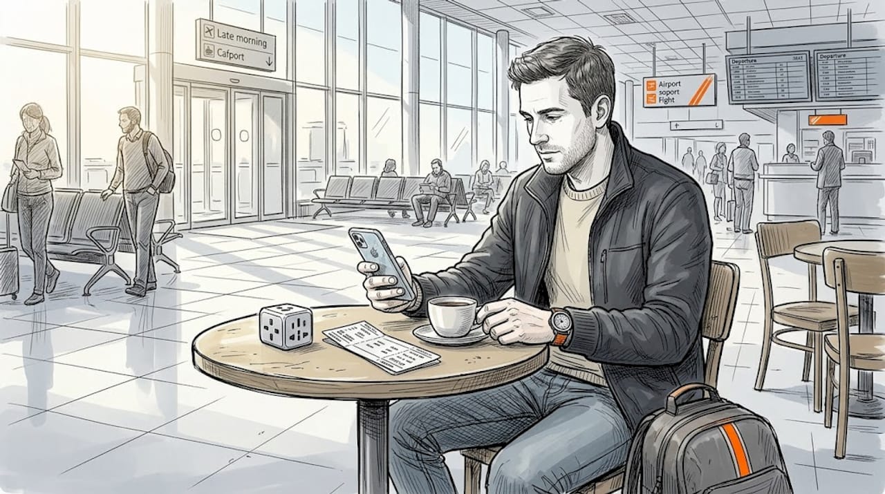 Traveler setting up mobile data at airport café