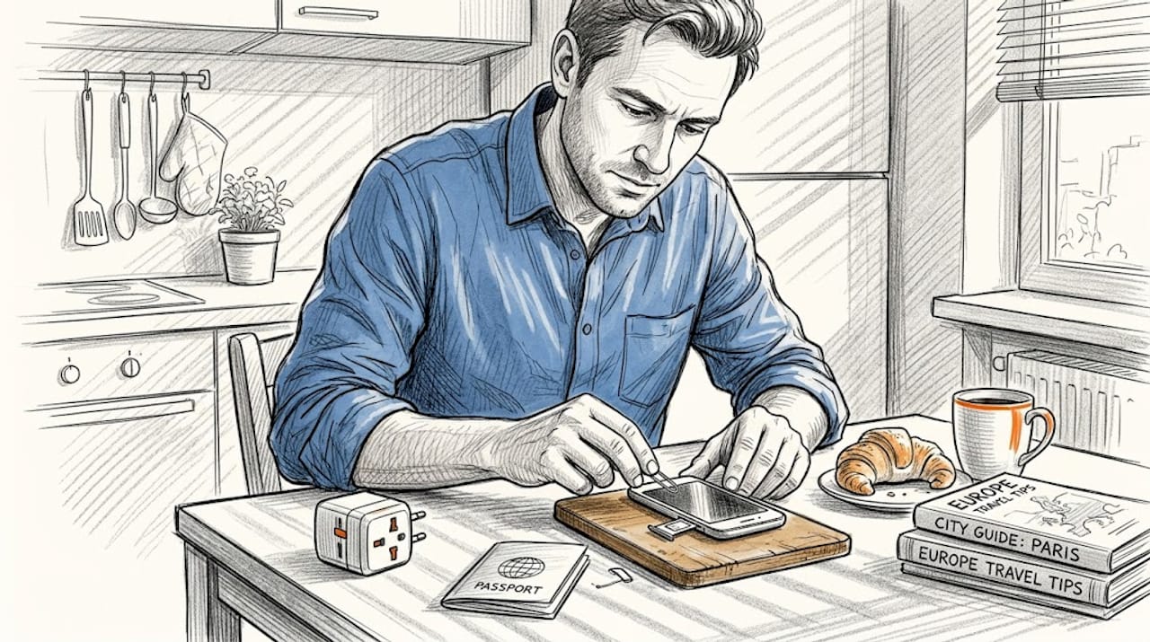 Traveler switching SIM card at kitchen table